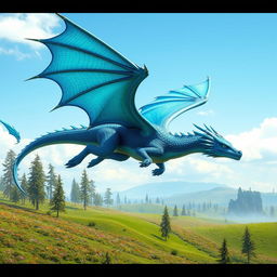 A majestic blue dragon soaring gracefully through a clear sky, its scales shimmering in the sunlight