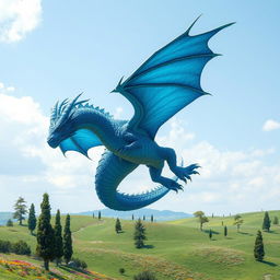 A majestic blue dragon soaring gracefully through a clear sky, its scales shimmering in the sunlight