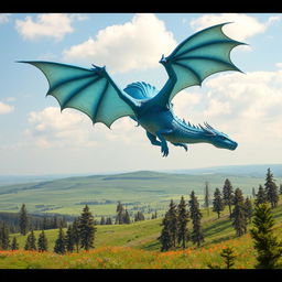 A majestic blue dragon soaring gracefully through a clear sky, its scales shimmering in the sunlight