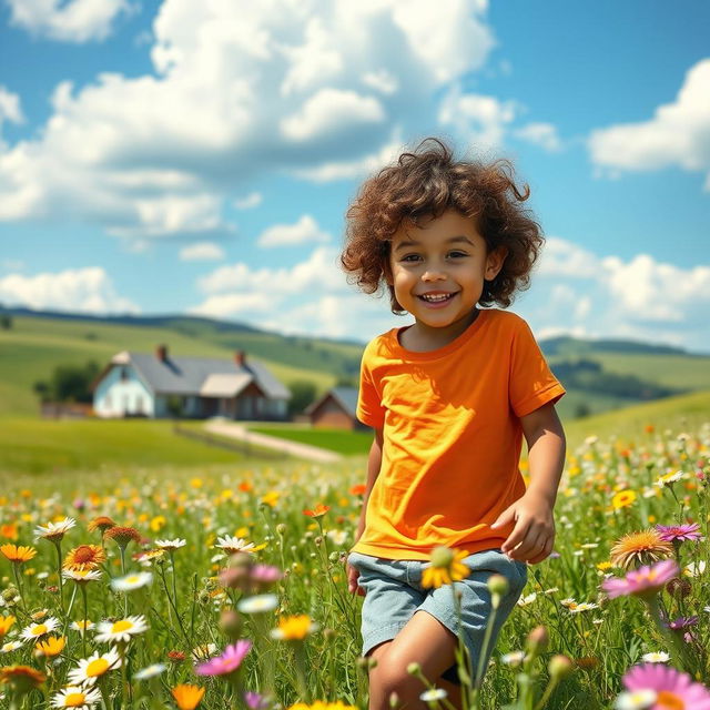 A serene countryside scene featuring a cheerful 7-year-old boy with curly hair and fair skin, joyfully playing in a field of wildflowers