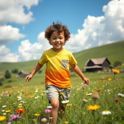 A serene countryside scene featuring a cheerful 7-year-old boy with curly hair and fair skin, joyfully playing in a field of wildflowers