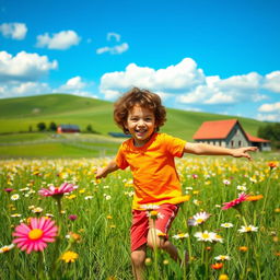 A serene countryside scene featuring a cheerful 7-year-old boy with curly hair and fair skin, joyfully playing in a field of wildflowers