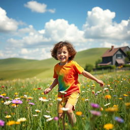 A serene countryside scene featuring a cheerful 7-year-old boy with curly hair and fair skin, joyfully playing in a field of wildflowers