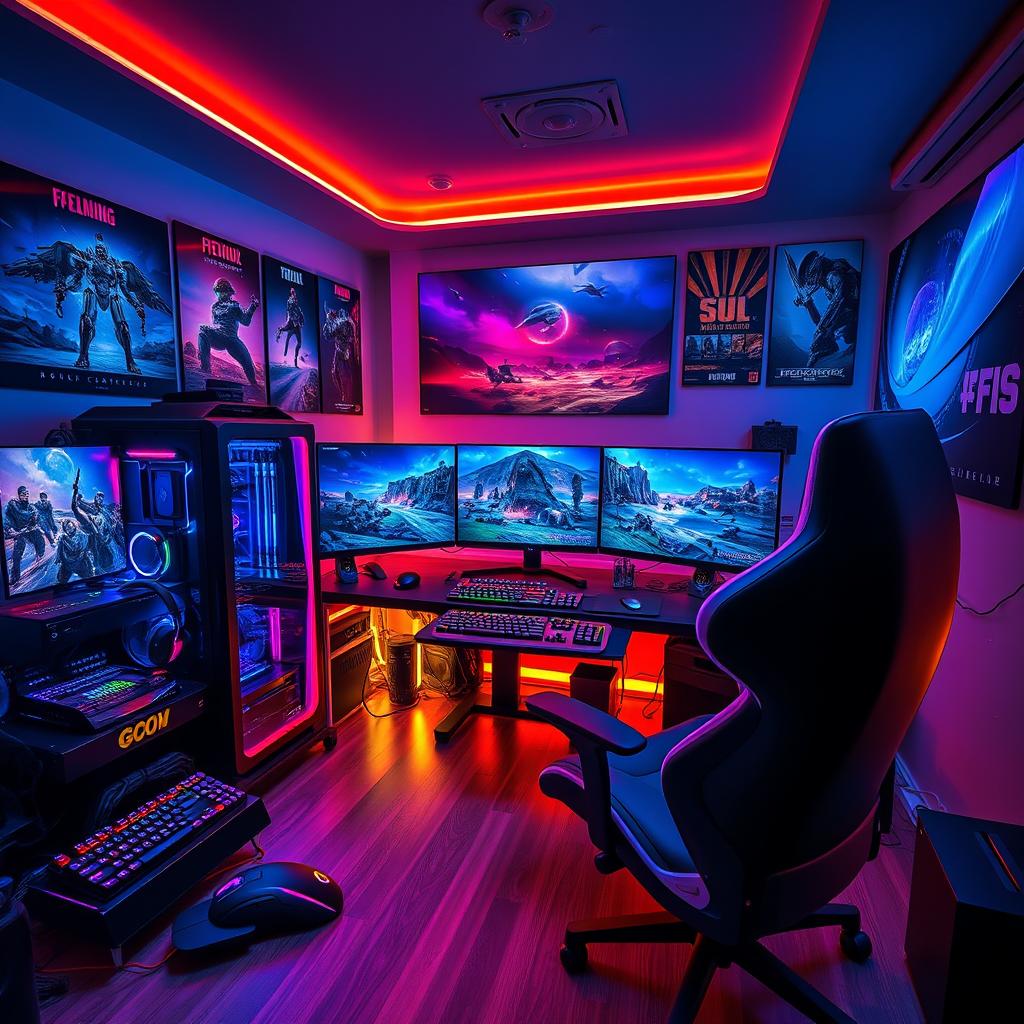 A futuristic gaming setup that combines advanced technology and vibrant aesthetics