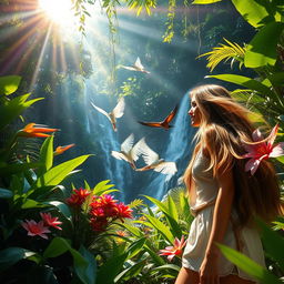 A captivating scene of a woman exploring a lush jungle, surrounded by exotic plants and vibrant flowers