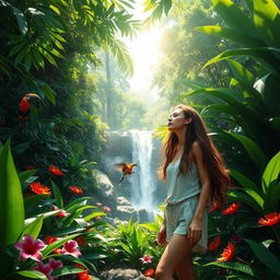 A captivating scene of a woman exploring a lush jungle, surrounded by exotic plants and vibrant flowers