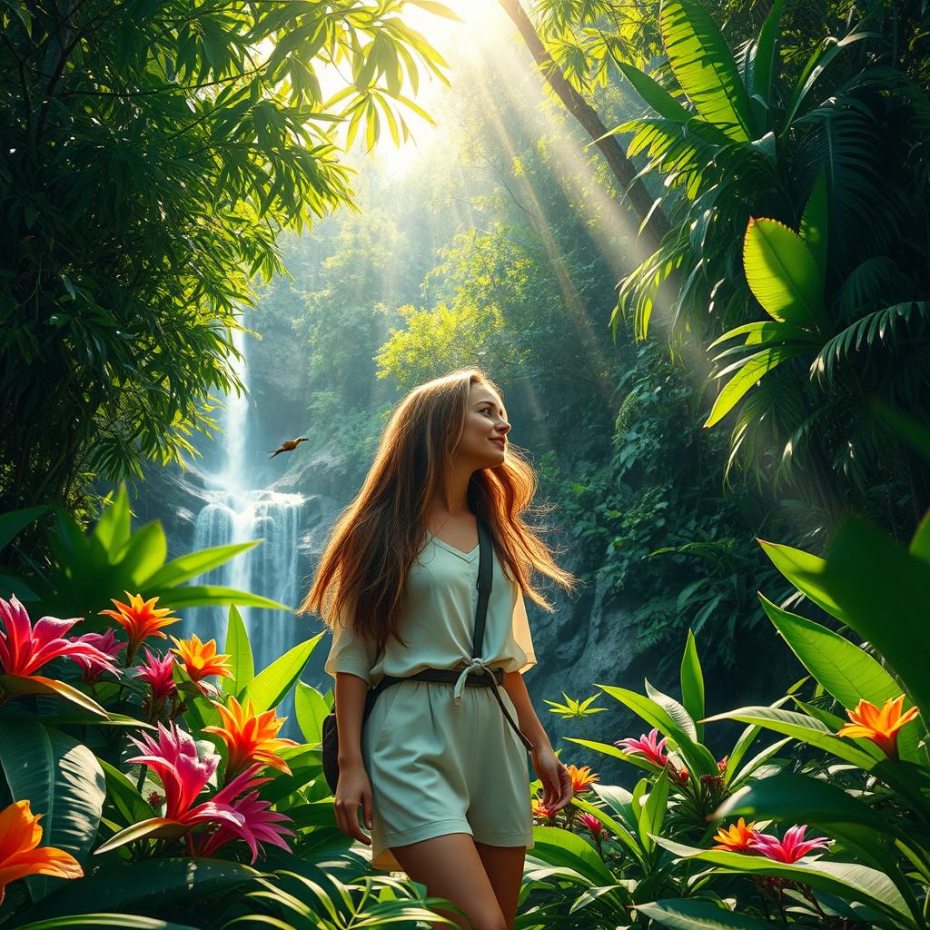 A captivating scene of a woman exploring a lush jungle, surrounded by exotic plants and vibrant flowers