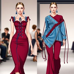 A split fashion illustration displaying two distinct outfits side by side