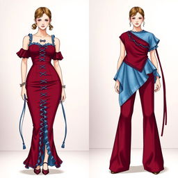 A split fashion illustration displaying two distinct outfits side by side