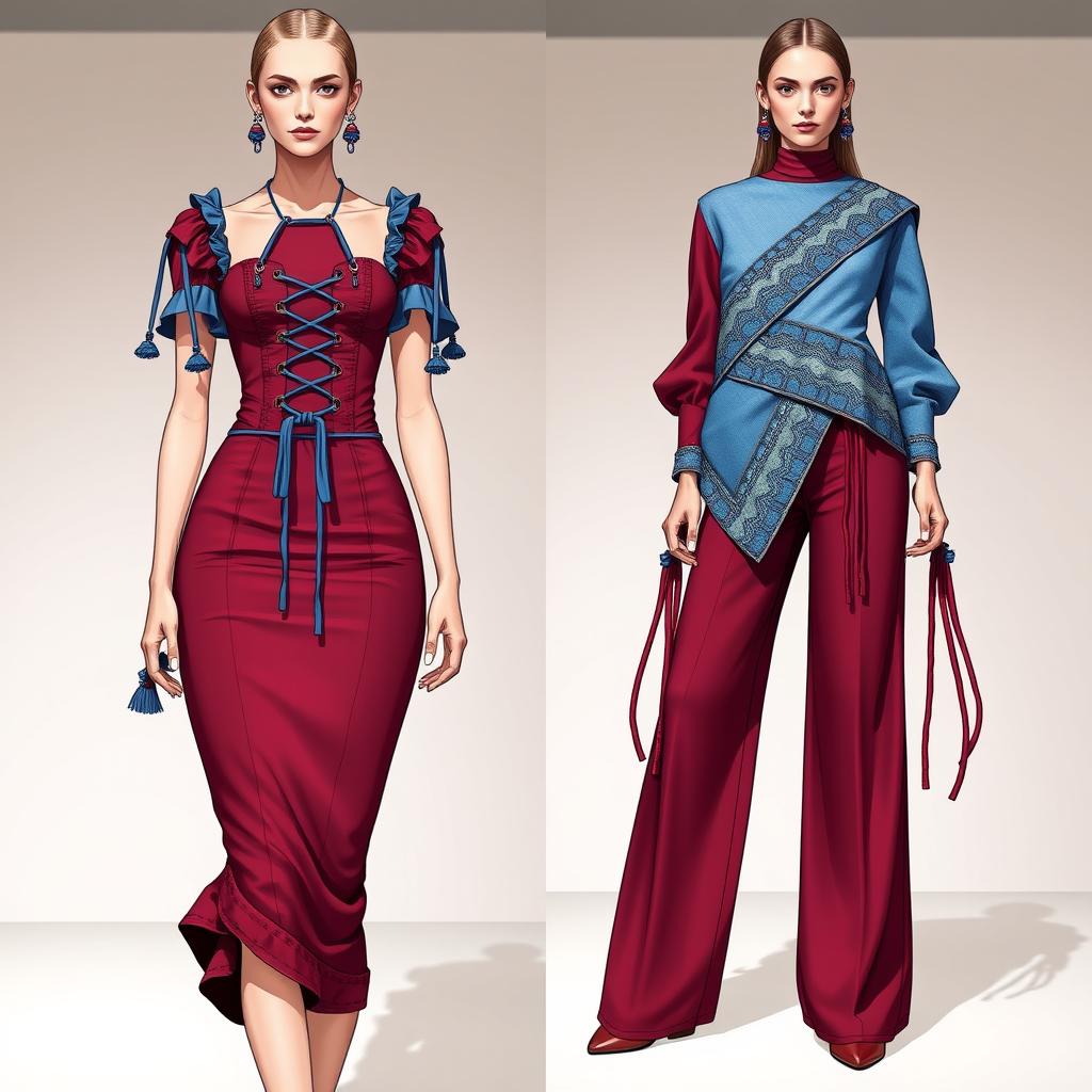 A split fashion illustration displaying two distinct outfits side by side