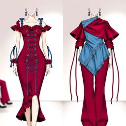 A split fashion illustration displaying two distinct outfits side by side