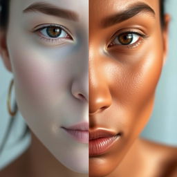 A close-up shot of two contrasting skin tones, showcasing a left side that is whiter and smoother, with an emphasis on a flawless and radiant complexion