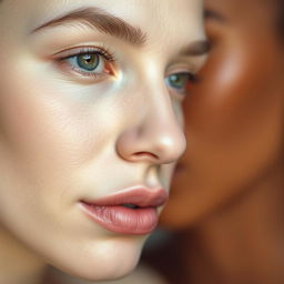 A close-up shot of two contrasting skin tones, showcasing a left side that is whiter and smoother, with an emphasis on a flawless and radiant complexion