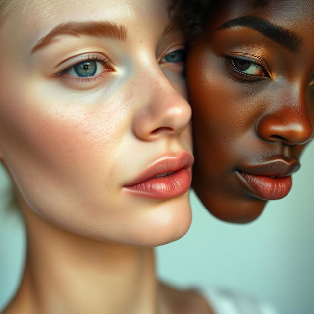 A close-up shot of two contrasting skin tones, showcasing a left side that is whiter and smoother, with an emphasis on a flawless and radiant complexion