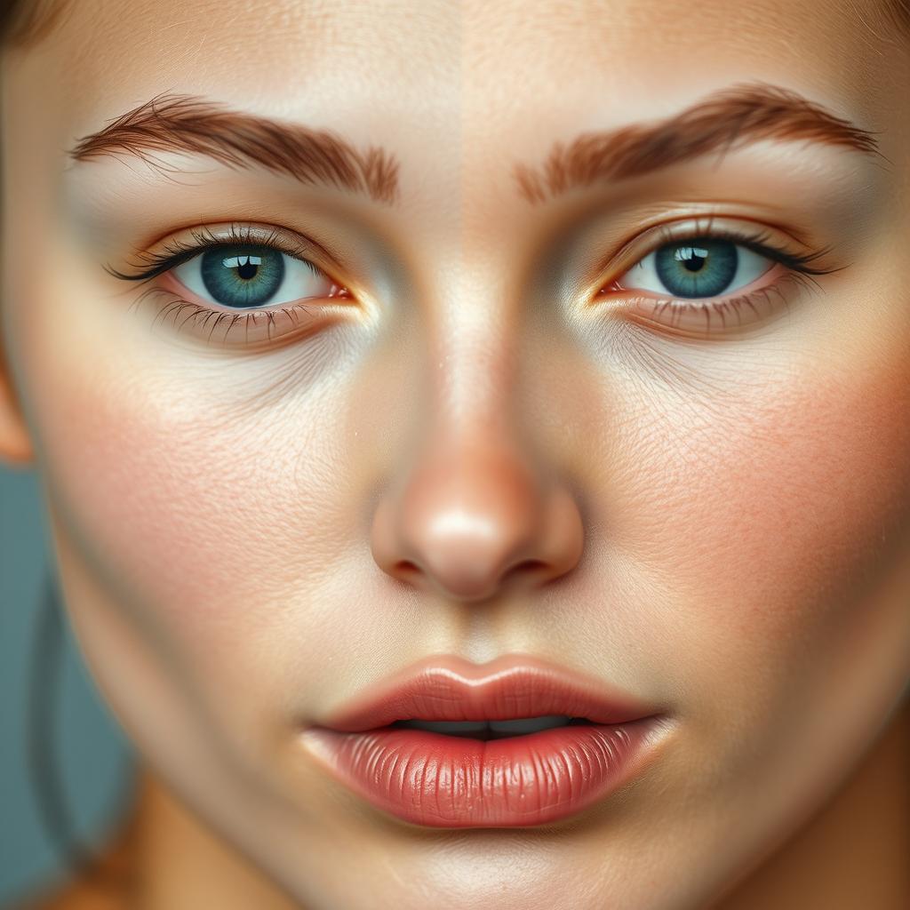 A close-up shot of two contrasting skin tones, showcasing a left side that is whiter and smoother, with an emphasis on a flawless and radiant complexion