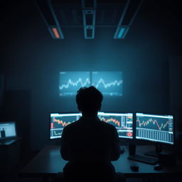 A young person seen from behind, actively trading in a dark, atmospheric setting