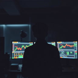 A young person seen from behind, actively trading in a dark, atmospheric setting
