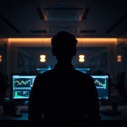 A young person seen from behind, actively trading in a dark, atmospheric setting