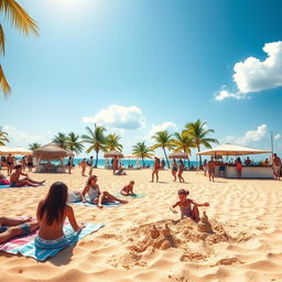 A vibrant summer scene featuring a sunny beach with golden sand, clear blue water, and a few fluffy white clouds in the sky