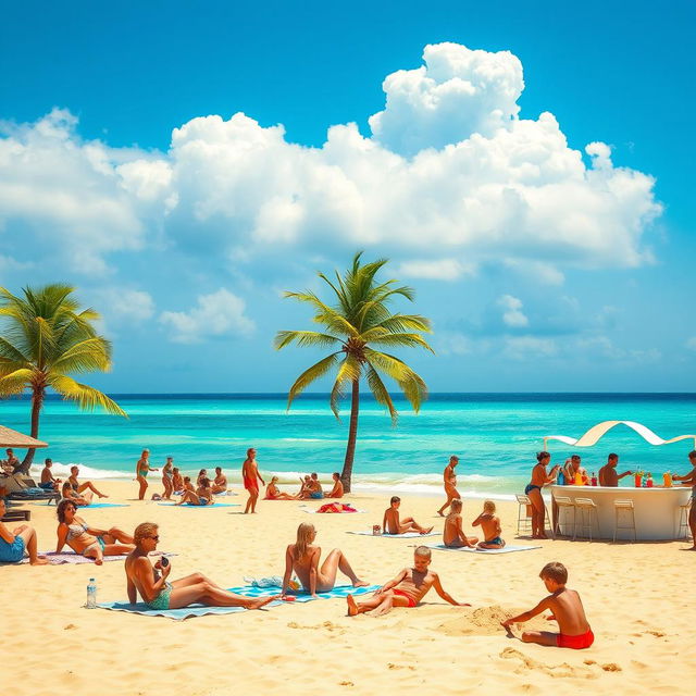 A vibrant summer scene featuring a sunny beach with golden sand, clear blue water, and a few fluffy white clouds in the sky