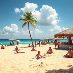 A vibrant summer scene featuring a sunny beach with golden sand, clear blue water, and a few fluffy white clouds in the sky