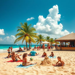 A vibrant summer scene featuring a sunny beach with golden sand, clear blue water, and a few fluffy white clouds in the sky