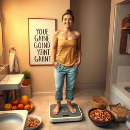 A person standing on a scale with a cheerful expression, indicating a positive approach to gaining weight
