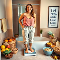 A person standing on a scale with a cheerful expression, indicating a positive approach to gaining weight