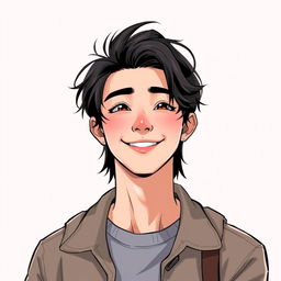 A handsome young man with black hair, smiling sweetly, styled in a manhwa art style