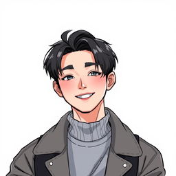 A handsome young man with black hair, smiling sweetly, styled in a manhwa art style