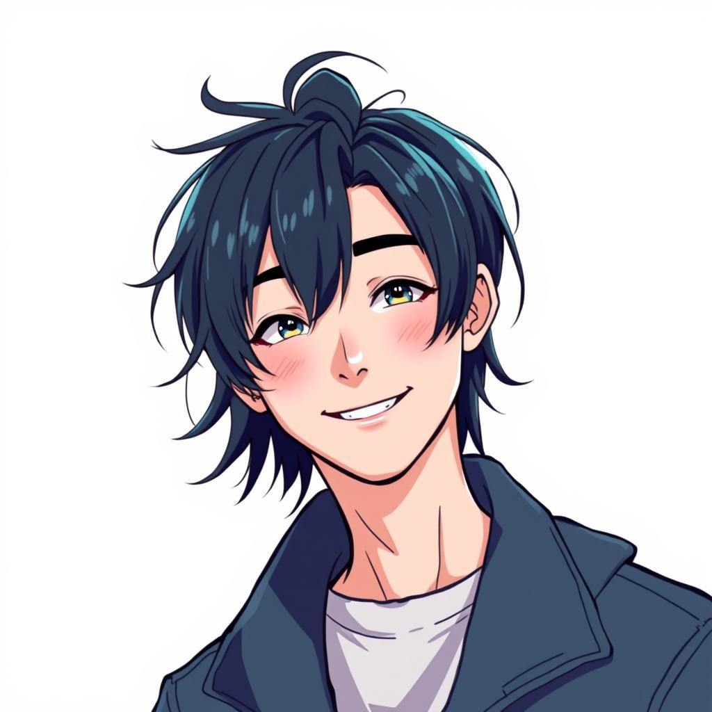 A handsome young man with black hair, smiling sweetly, styled in a manhwa art style