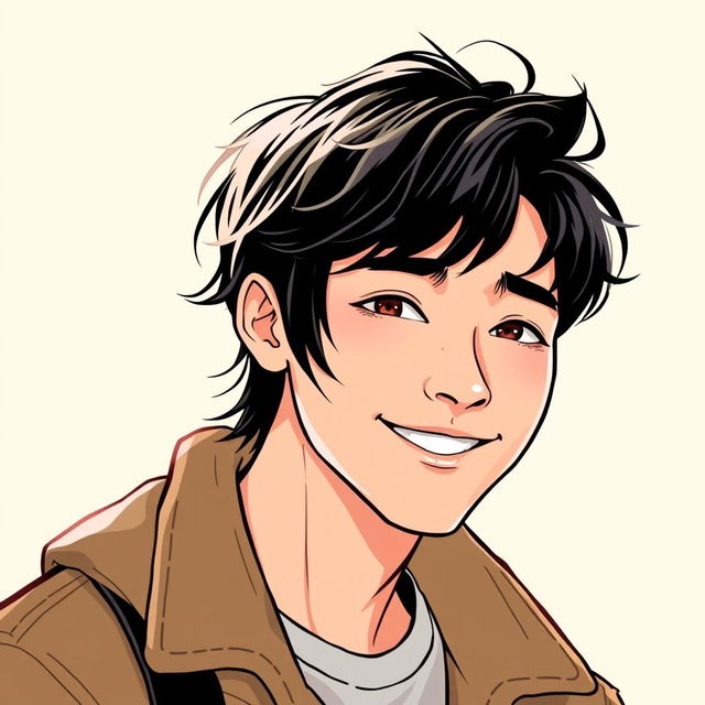 A handsome young man with black hair, smiling sweetly, styled in a manhwa art style