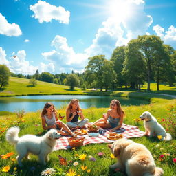 A vibrant summer landscape featuring a sunny blue sky filled with fluffy white clouds, a lush green meadow dotted with colorful wildflowers, a glistening lake reflecting the sunlight, and tall trees providing shade
