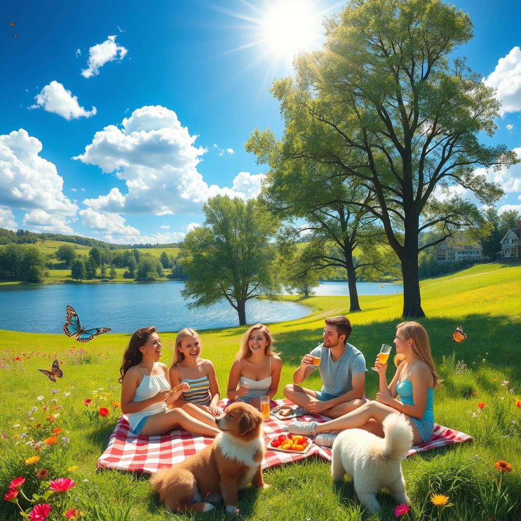 A vibrant summer landscape featuring a sunny blue sky filled with fluffy white clouds, a lush green meadow dotted with colorful wildflowers, a glistening lake reflecting the sunlight, and tall trees providing shade