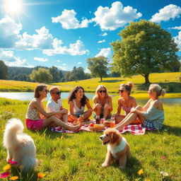 A vibrant summer landscape featuring a sunny blue sky filled with fluffy white clouds, a lush green meadow dotted with colorful wildflowers, a glistening lake reflecting the sunlight, and tall trees providing shade