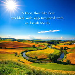 A scenic landscape that embodies the essence of Isaiah 55:11, depicting a tranquil countryside with vibrant fields under a bright blue sky