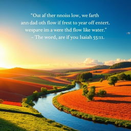 A scenic landscape that embodies the essence of Isaiah 55:11, depicting a tranquil countryside with vibrant fields under a bright blue sky