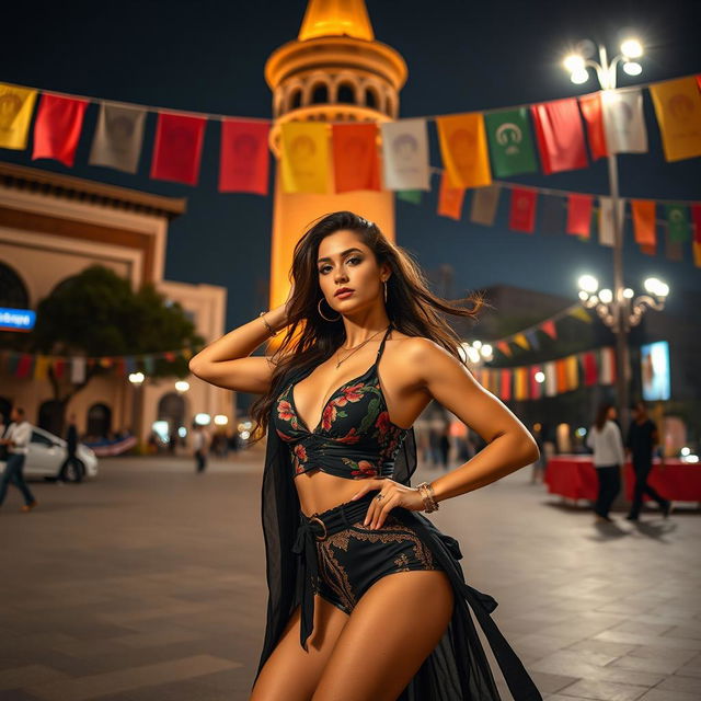 A vibrant and provocative scene set in Azady Square, Iran, with the Azadi Tower in the background, featuring a confident, alluring woman in stylish, culturally inspired attire