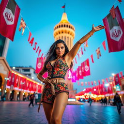 A vibrant and provocative scene set in Azady Square, Iran, with the Azadi Tower in the background, featuring a confident, alluring woman in stylish, culturally inspired attire