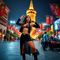 A vibrant and provocative scene set in Azady Square, Iran, with the Azadi Tower in the background, featuring a confident, alluring woman in stylish, culturally inspired attire