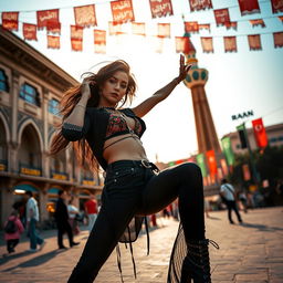 A vibrant and provocative scene set in Azady Square, Iran, with the Azadi Tower in the background, featuring a confident, alluring woman in stylish, culturally inspired attire