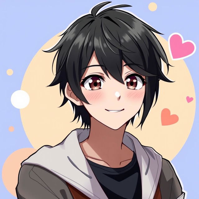 Anime character, a handsome young man with black hair, smiling sweetly