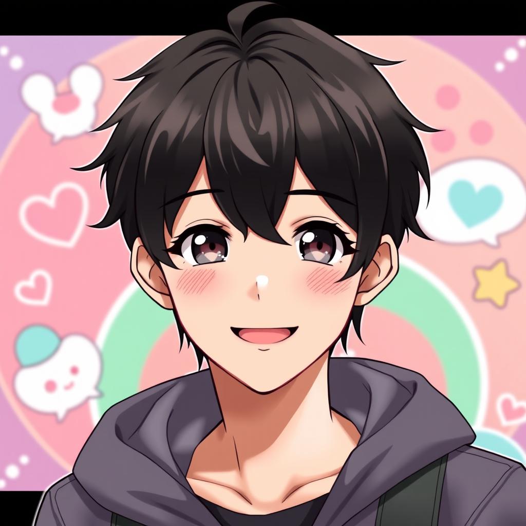 Anime character, a handsome young man with black hair, smiling sweetly