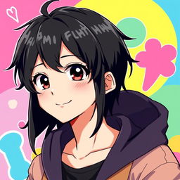 Anime character, a handsome young man with black hair, smiling sweetly