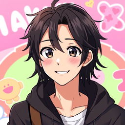 Anime character, a handsome young man with black hair, smiling sweetly