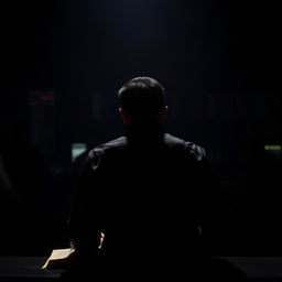 A young man trading in a dark setting, focused and determined, with a book on the table beside him