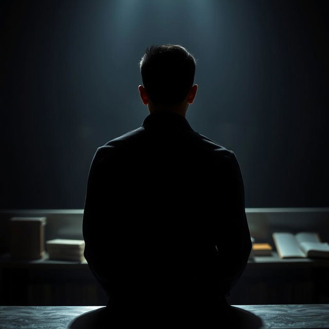 A young man trading in a dark setting, focused and determined, with a book on the table beside him