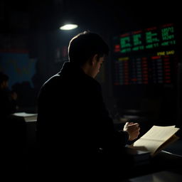 A young man trading in a dark setting, focused and determined, with a book on the table beside him
