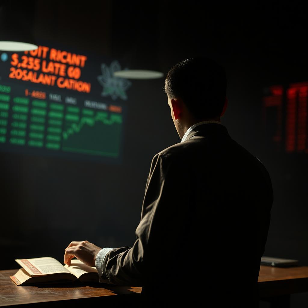 A young man trading in a dark setting, focused and determined, with a book on the table beside him