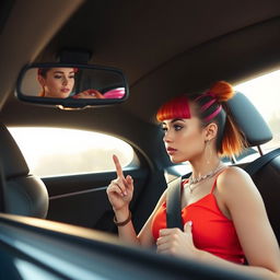 A stylish young woman sitting in the passenger seat of a trendy car, with a concerned expression as she looks at her outfit in the rearview mirror, debating whether to put on her seatbelt